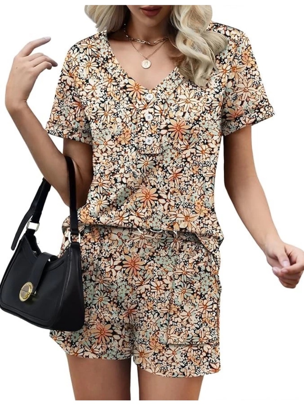 LOMON 2 Piece Short Sleeve Top & Matching Shorts Set Womens L Floral Print NWT